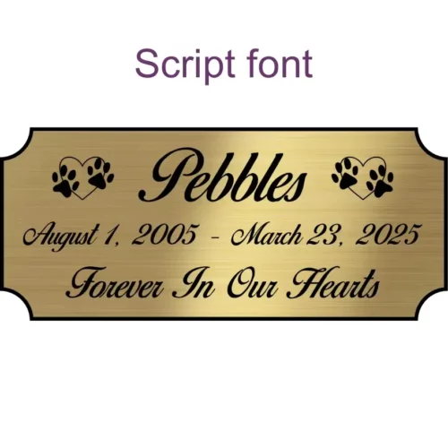 Acrylic memorial nameplate, brass finish, black text, script font style