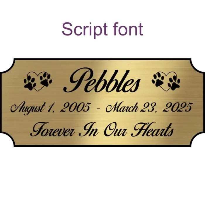 Acrylic memorial nameplate, brass finish, black text, script font style
