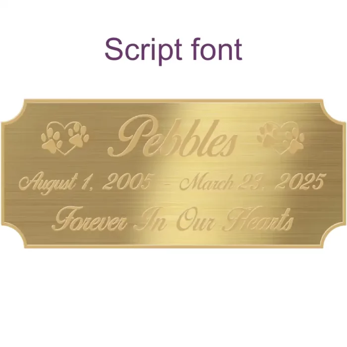 Acrylic memorial nameplate, brass finish, gold text, script font style