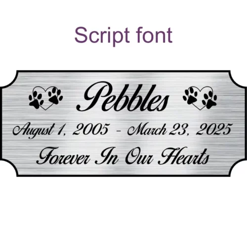Acrylic memorial nameplate, silver finish, black text, script font style