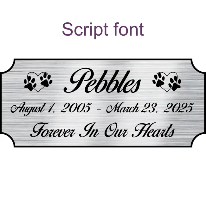 Acrylic memorial nameplate, silver finish, black text, script font style