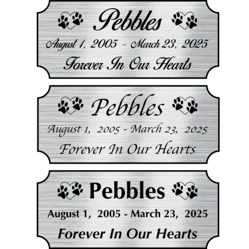 Acrylic memorial nameplate, silver finish, black text, all font styles