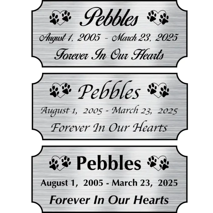 Acrylic memorial nameplate, silver finish, black text, all font styles