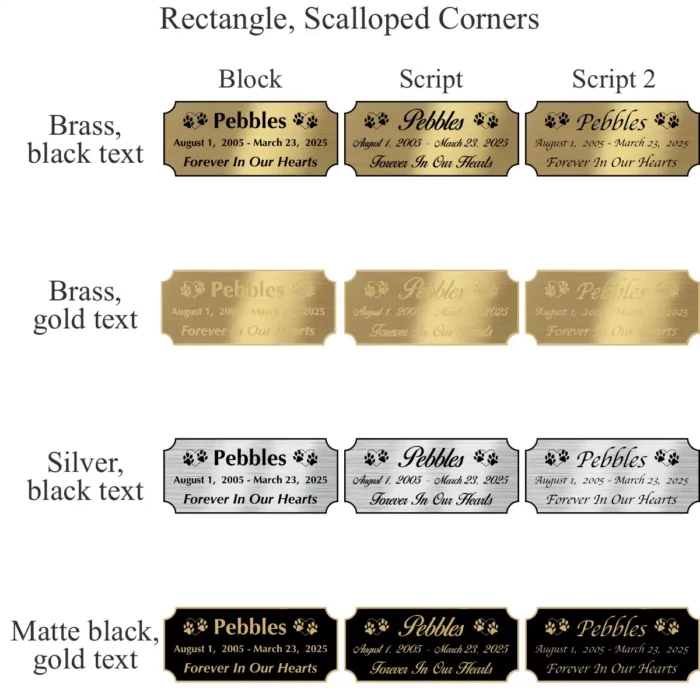 Engraved plate for cremation urns, rectangle with scalloped corners, all styles
