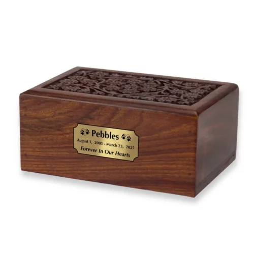 Hand-carved circle of life rosewood pet cremation urn with engraved plate, large size