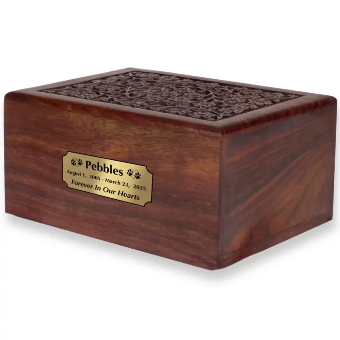 Hand-carved circle of life rosewood pet cremation urn with engraved plate, x-large size