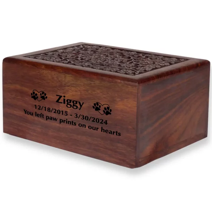 Hand-carved circle of life rosewood pet cremation urn with wood engraving, black fill, x-large size