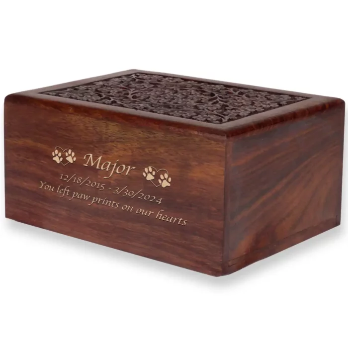 Hand-carved circle of life rosewood pet cremation urn with wood engraving, gold fill, x-large size