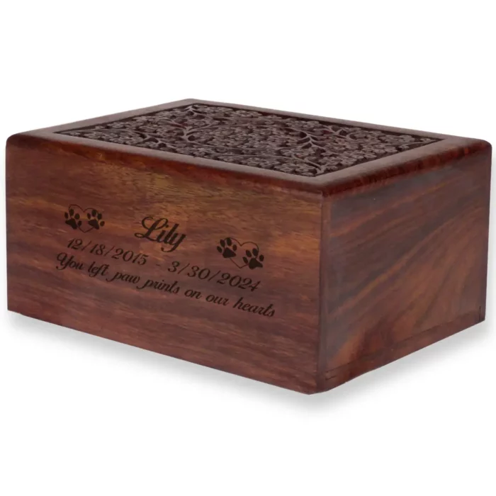 Hand-carved circle of life rosewood pet cremation urn with wood engraving, x-large size