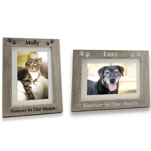 Engraved pet memorial photo frame in gray finish. Holds 4x6 or 5x7 photo, horizontal or vertical