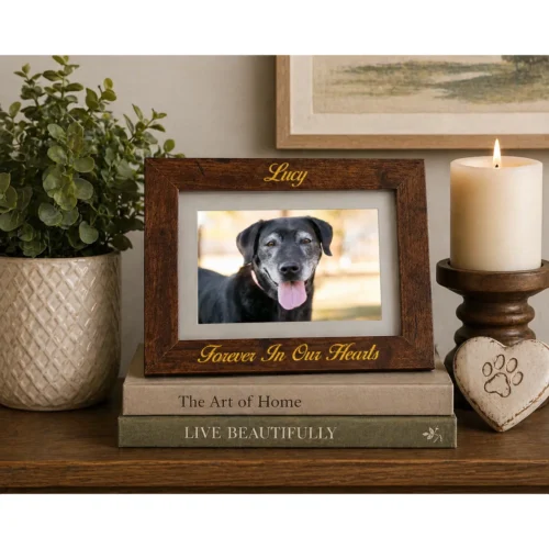 Engraved pet memorial photo frame in rustic oak woodgrain finish. Holds 4x6 or 5x7 photo, engraved block with gold fill, horizontal orientation, on shelf