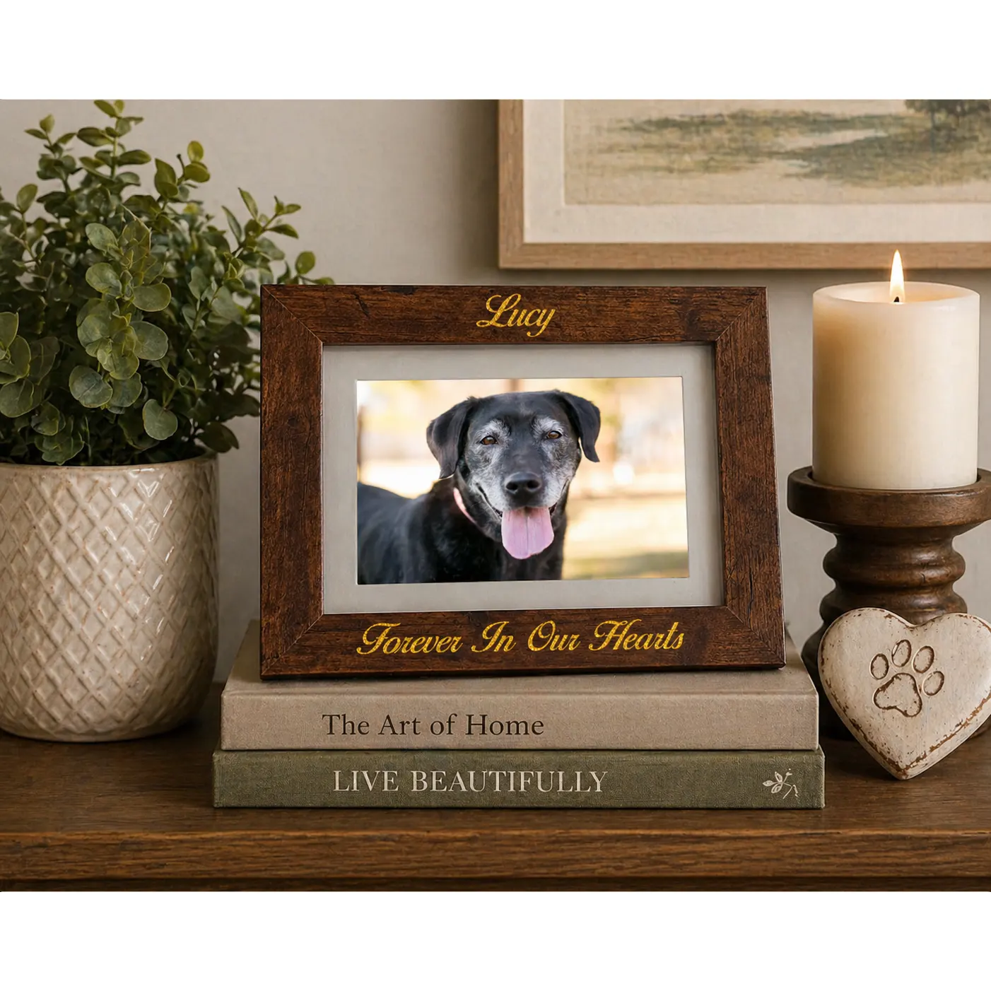 Engraved pet memorial photo frame in rustic oak woodgrain finish. Holds 4x6 or 5x7 photo, engraved block with gold fill, horizontal orientation, on shelf