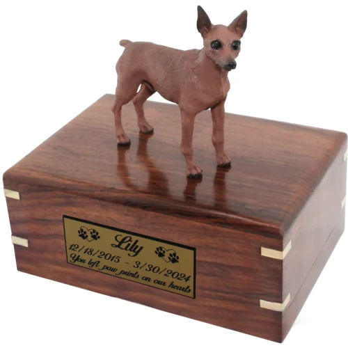 Brown Miniature Doberman Pinscher Min Pin figurine memorial cremation urn, engraved plate, medium size