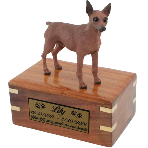 Brown Miniature Doberman Pinscher Min Pin figurine memorial cremation urn, engraved plate, small size