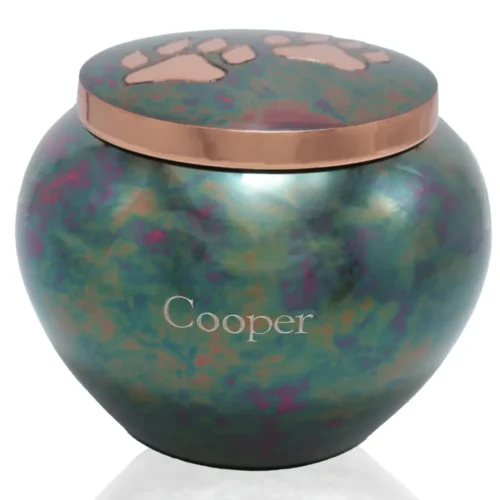 Engraved brass paw print jar urn for pet cremation, Raku finish
