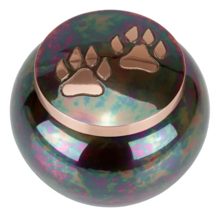 Engraved brass paw print jar urn for pet cremation, Raku finish, top view