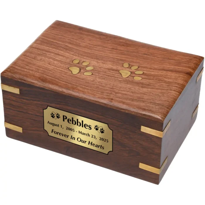 Rosewood pet cremation urn with brass paws and corners, large, engraved plaque