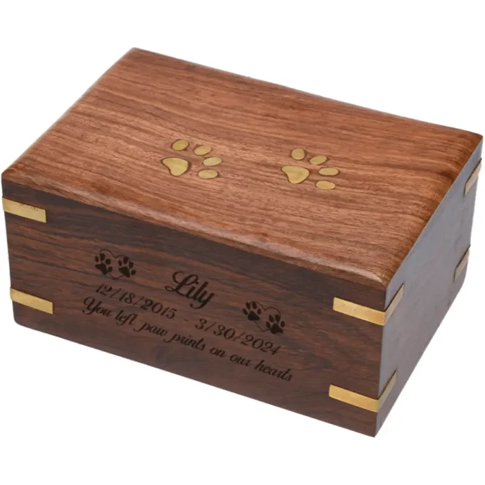 Rosewood pet cremation urn with brass paws and corners, large, engraved wood, script font