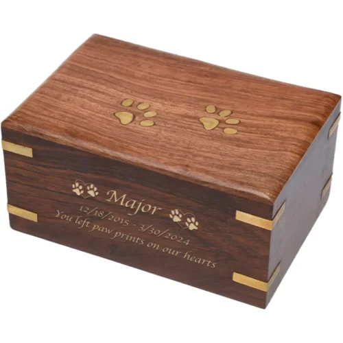 Rosewood pet cremation urn with brass paws and corners, large, engraved wood, gold fill, script 2 font