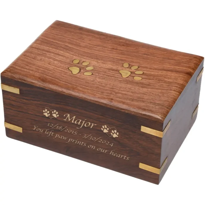 Rosewood pet cremation urn with brass paws and corners, large, engraved wood, gold fill, script 2 font
