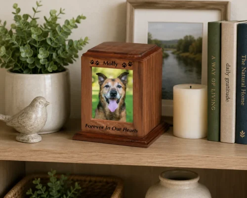 Rosewood pet photo holder cremation urn with dog photo, engraved with black fill, on shelf