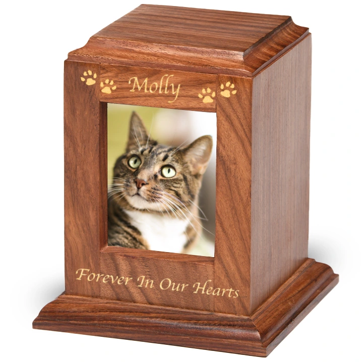 Rosewood photo pet cremation urn, engraved, with gold fill and cat photo
