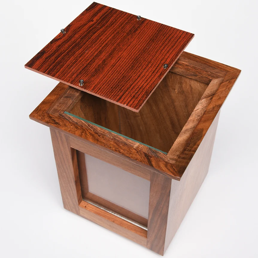 Rosewood photo pet cremation urn, bottom view, open