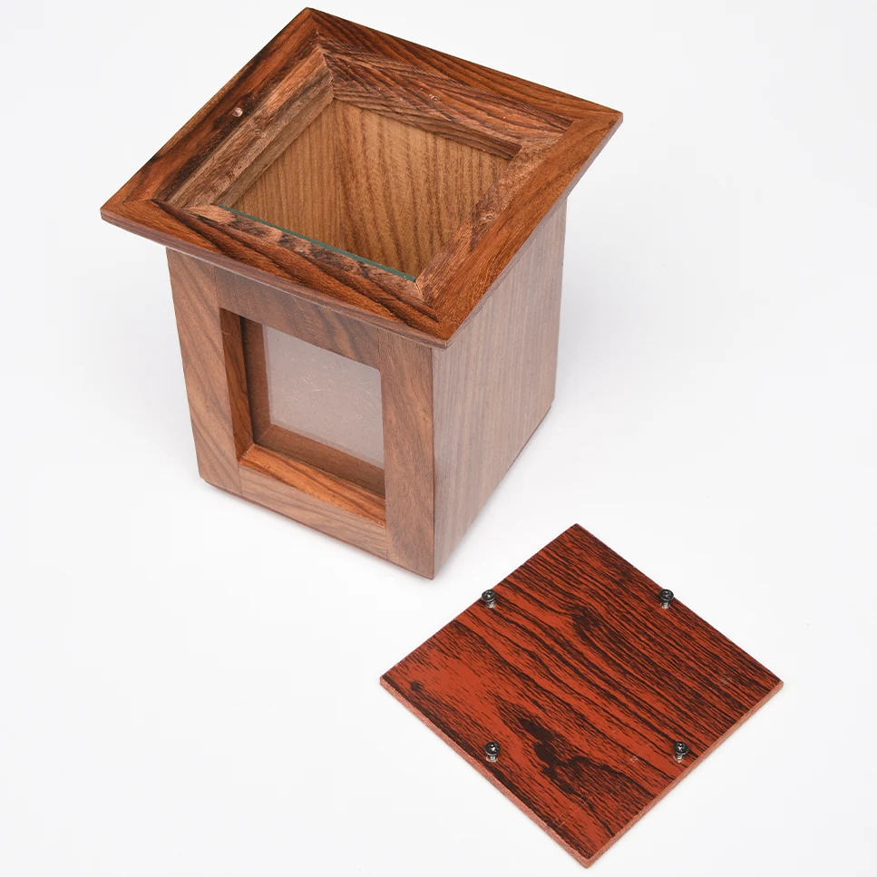 Rosewood photo pet cremation urn, bottom view, bottom removed