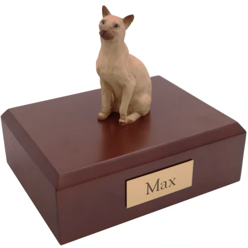 Sitting tan siamese cat figurine on wood memorial cremation urn