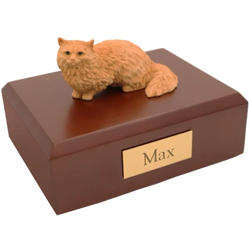 Crouching orange angora cat figurine on wood memorial cremation urn
