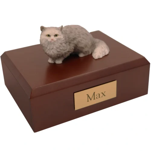 Crouching gray white angora cat figurine on wood memorial cremation urn