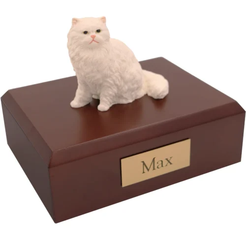 Sitting white persian cat figurine on wood memorial cremation urn