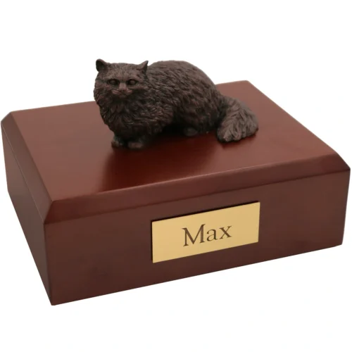 bronze look angora cat figurine on wood cremation urn