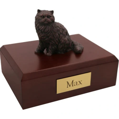 bronze look sitting persian cat figurine on wood cremation urn