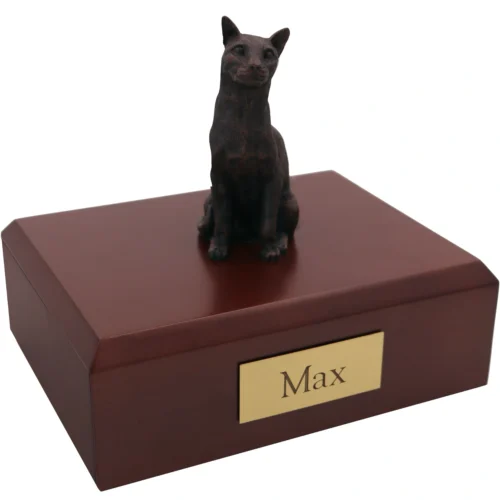 bronze look sitting siamese cat figurine on wood cremation urn