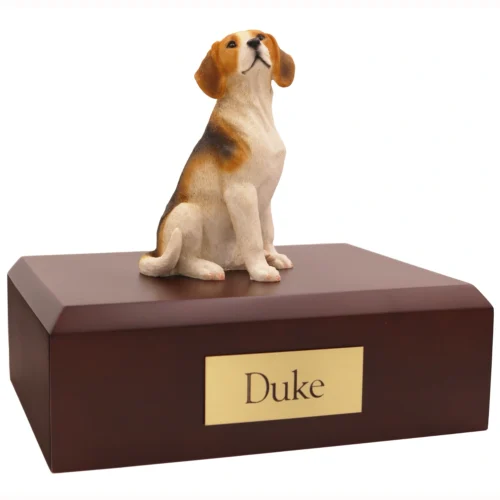 Sitting beagle dog figurine on wood memorial cremation urn
