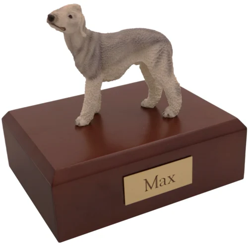 Standing bedlington terrier dog figurine on wood memorial cremation urn