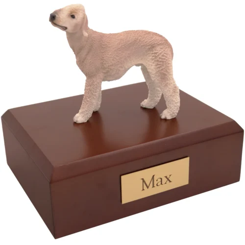 Standing bedlington terrier dog figurine on wood memorial cremation urn