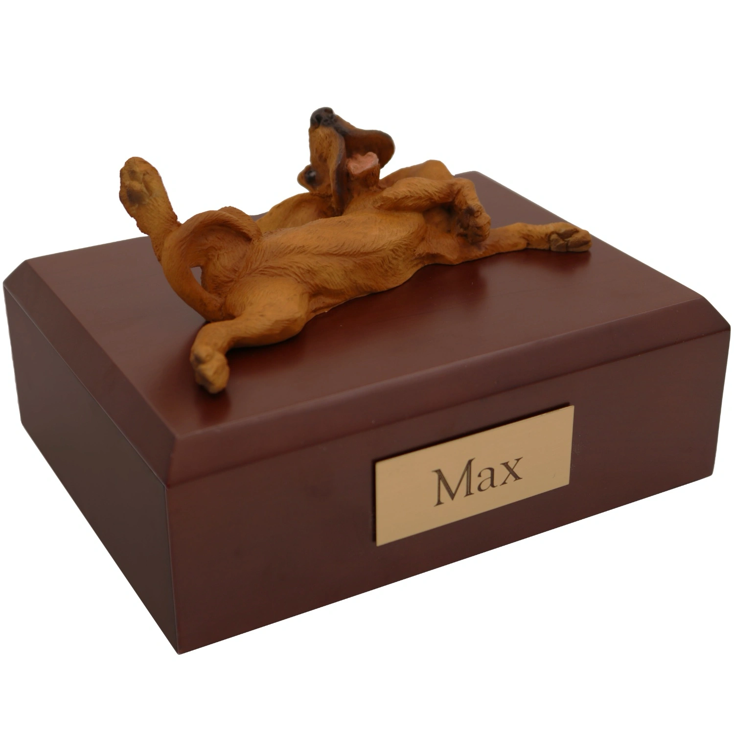 Laying bloodhound dog figurine on wood memorial cremation urn