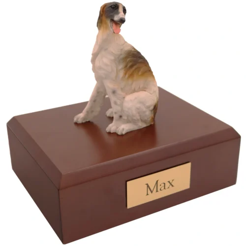 Sitting borzoi dog figurine on wood memorial cremation urn