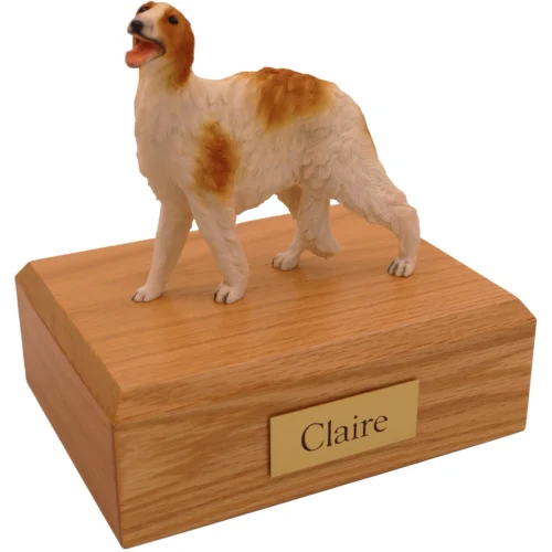 Standing white tan borzoi dog figurine on wood memorial cremation urn