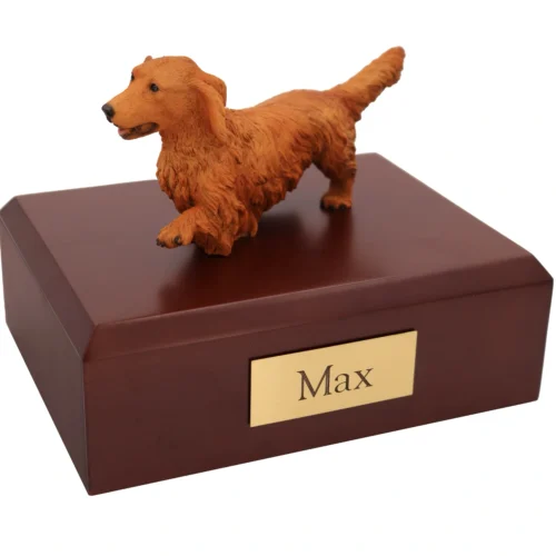 Walking red dachshund dog figurine on wood memorial cremation urn