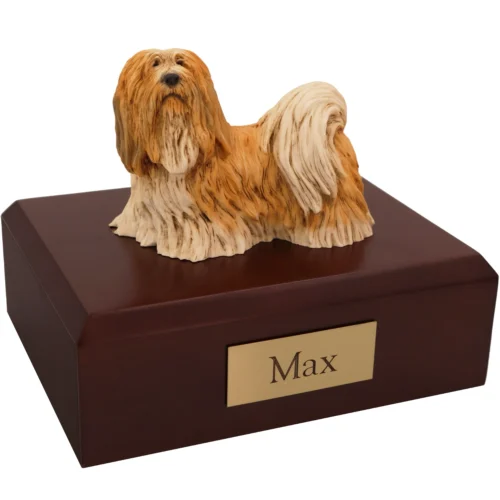 Standing tan/buff long haired lhasa apso dog figurine on wood memorial cremation urn