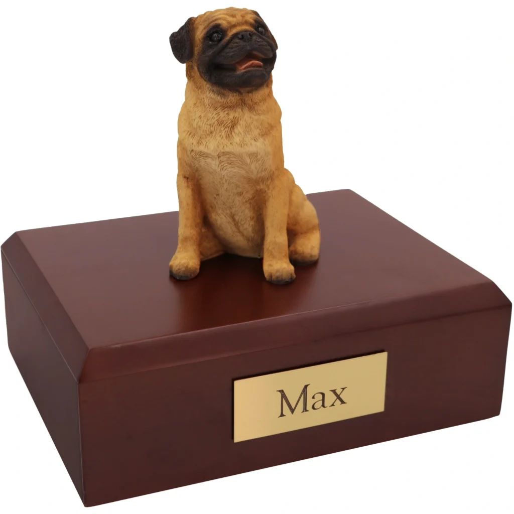 Sitting tan brown pug dog figurine on wood memorial cremation urn