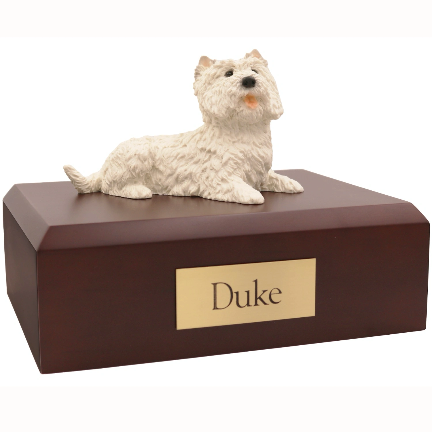 Laying white westie west highland terrier dog figurine on wood memorial cremation urn