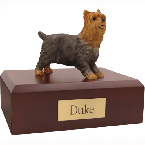 Standing yorkie yorkshire terrier dog figurine on wood memorial cremation urn