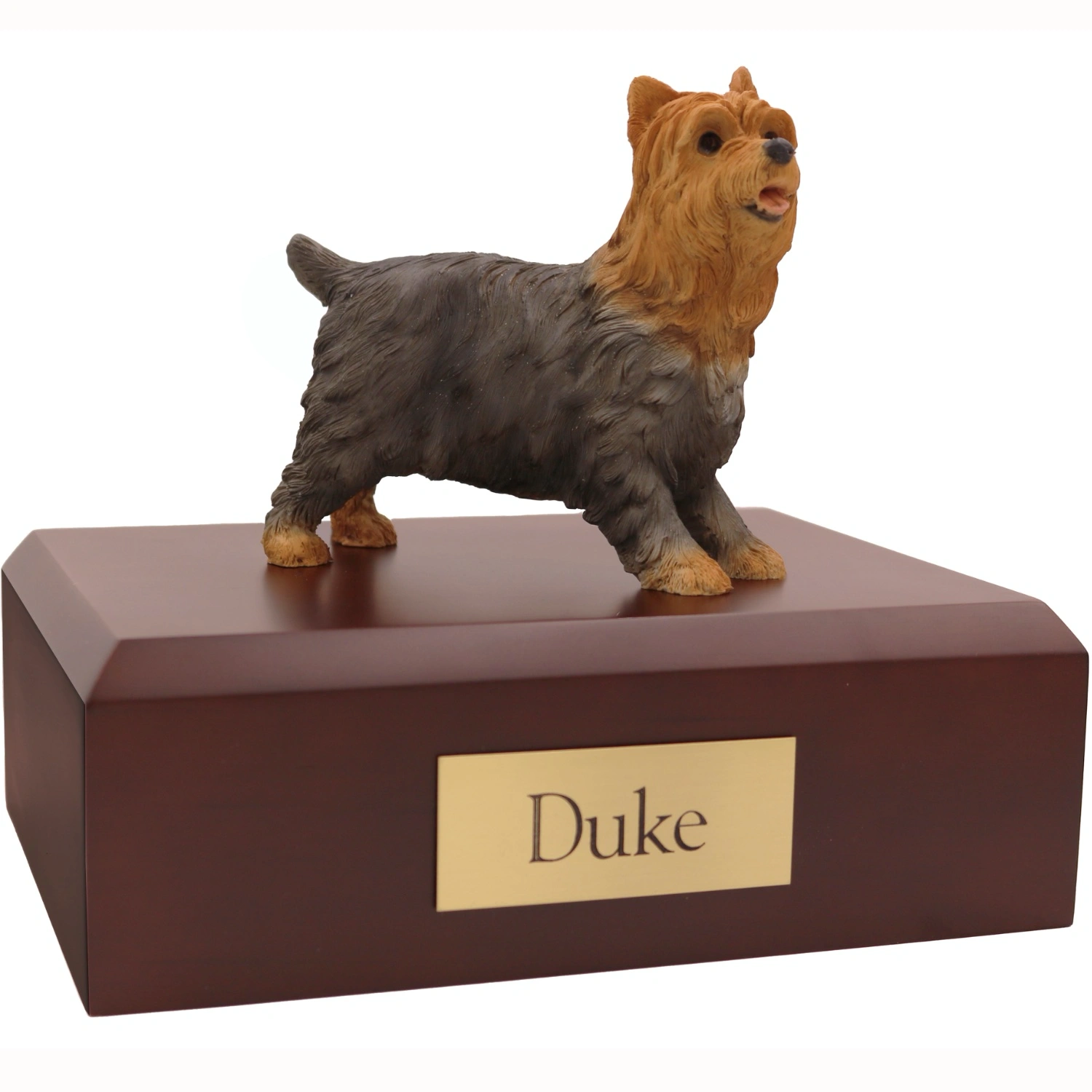 Standing yorkie yorkshire terrier dog figurine on wood memorial cremation urn