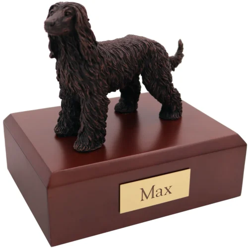 Standing afghan hound bronze look dog figurine on wood cremation urn