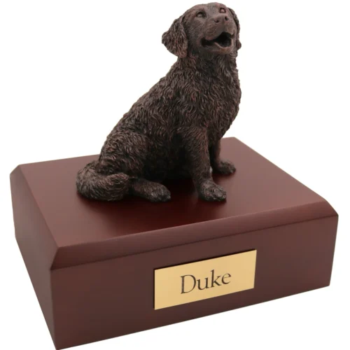 Sitting bernese mountain dog bronze look dog figurine on wood cremation urn