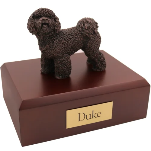 Standing bichon frise bronze look dog figurine on wood cremation urn